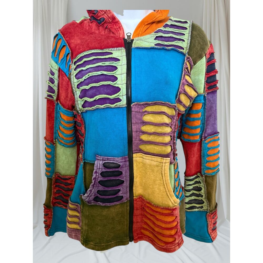 Boho Hippie Patchwork Hoodie Jacket Multicolor Sl… - image 2